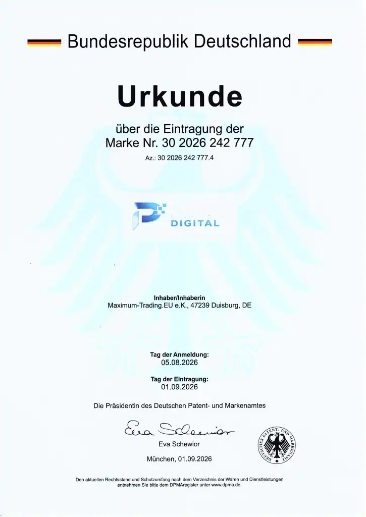 Urkunde des Deutschen Patent- und Markenamts über die Eintragung der Marke Prust.Digital, Nummer 30 2026 242 777, angemeldet am 5. August 2026 und eingetragen am 1. September 2026
